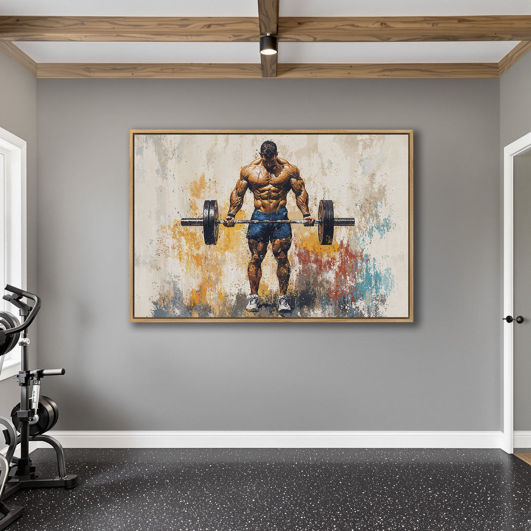 Framed Wall Art of bodybuilder lifting weights, abstract style with warm and cool tones. Perfect for gym decor!