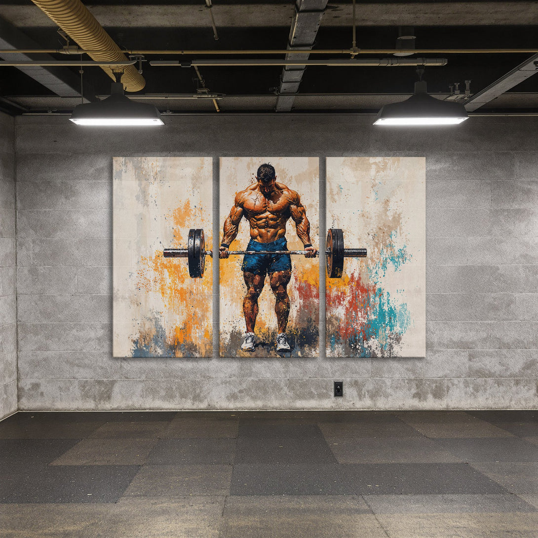 Canvas Print of a muscular weightlifter, abstract style, with a warm, earthy color palette. Perfect for gym decor!