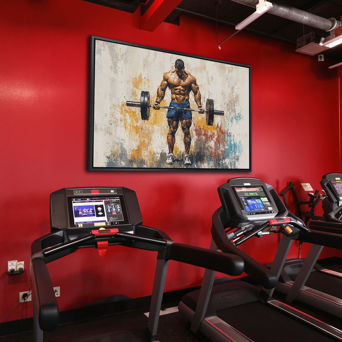 Framed Wall Art: Abstract painting of a weightlifter in a gym. Colorful, artistic style with a neutral, blue, and yellow palette. Perfect for home gyms!