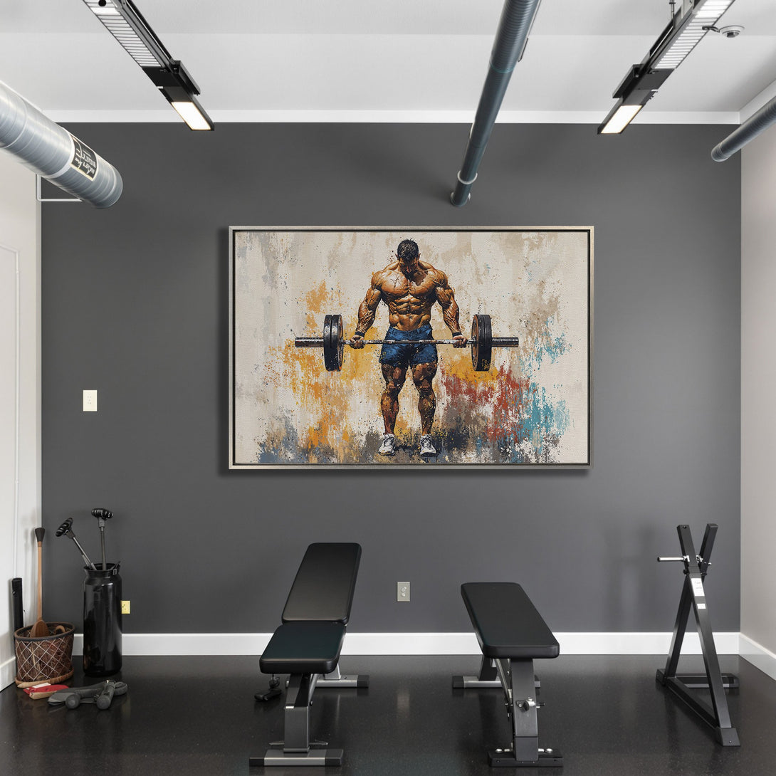 Framed Wall Art: Abstract weightlifter canvas print in a modern gym. Earthy tones with pops of blue & orange. Elevate your space with motivational art!