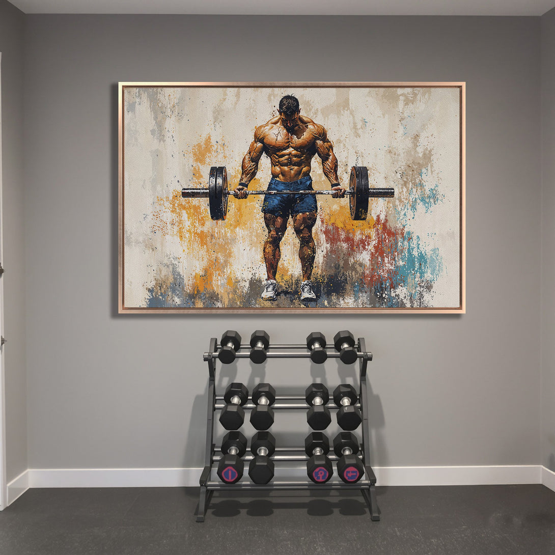 Framed Wall Art: Abstract weightlifter canvas print in a gym. Features a bold, colorful palette with orange, blue, and neutral tones. Perfect for fitness enthusiasts!