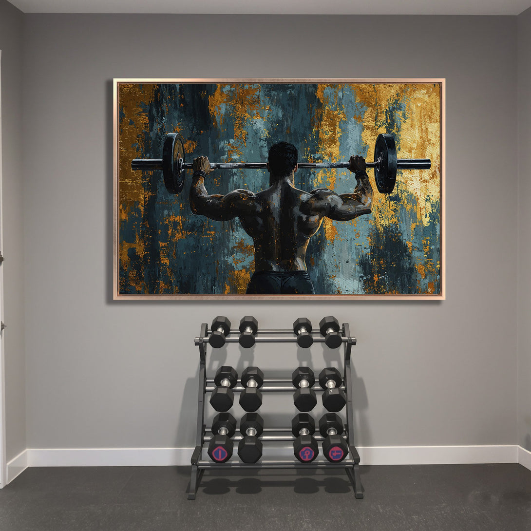 Framed Wall Art featuring a muscular man lifting weights. Abstract art style with a gold, teal, and black color palette. Perfect for a home gym.
