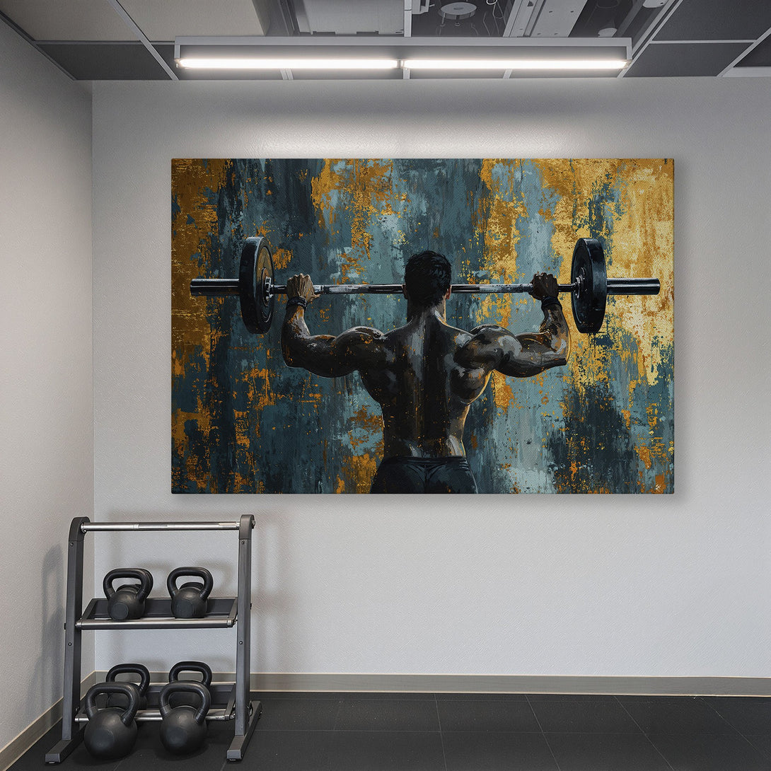 Framed Wall Art: Abstract painting of a weightlifter in a gym, featuring a gold, gray, and black color palette. Elevate your space with this motivational art!