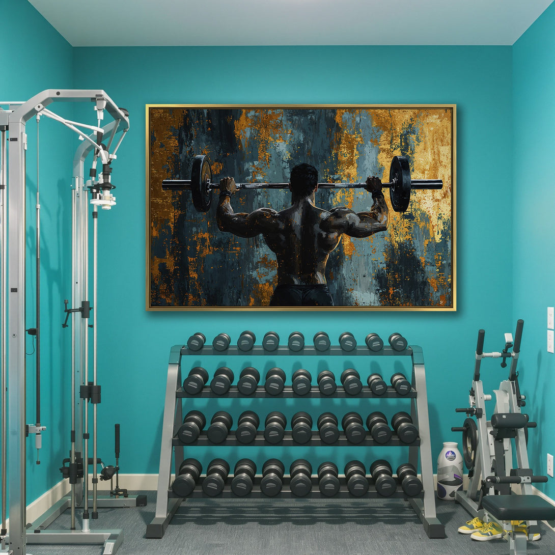 Canvas Print of a weightlifter in a gym. Abstract style with teal, gold, and black color palette. Perfect for home gym decor.