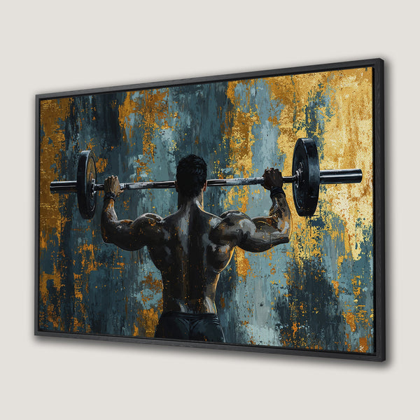 Framed Wall Art featuring a muscular weightlifter. Abstract style with a teal, gold, and black color palette. Perfect for a modern gym or home decor.