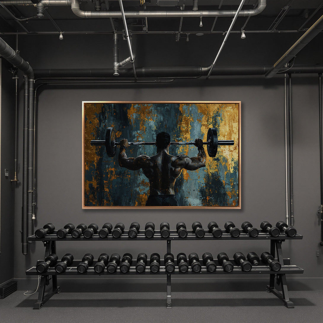 Framed Wall Art: Abstract art of a weightlifter in a gym, with a gold, blue, and black color palette. Perfect for a modern home gym.