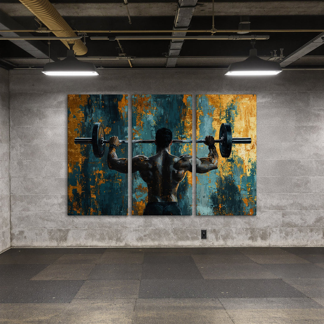 Abstract Canvas Print of a weightlifter in teal and gold tones. Modern wall art for home gyms and fitness spaces.