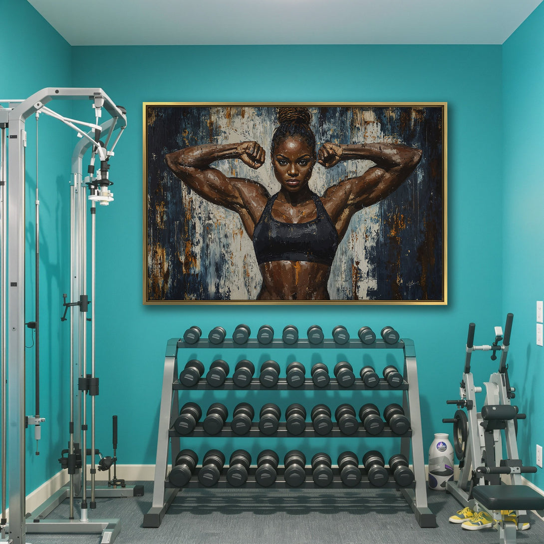 Canvas Print of a strong woman flexing. Abstract style with blue, brown, and white tones. Perfect for gym or home decor.