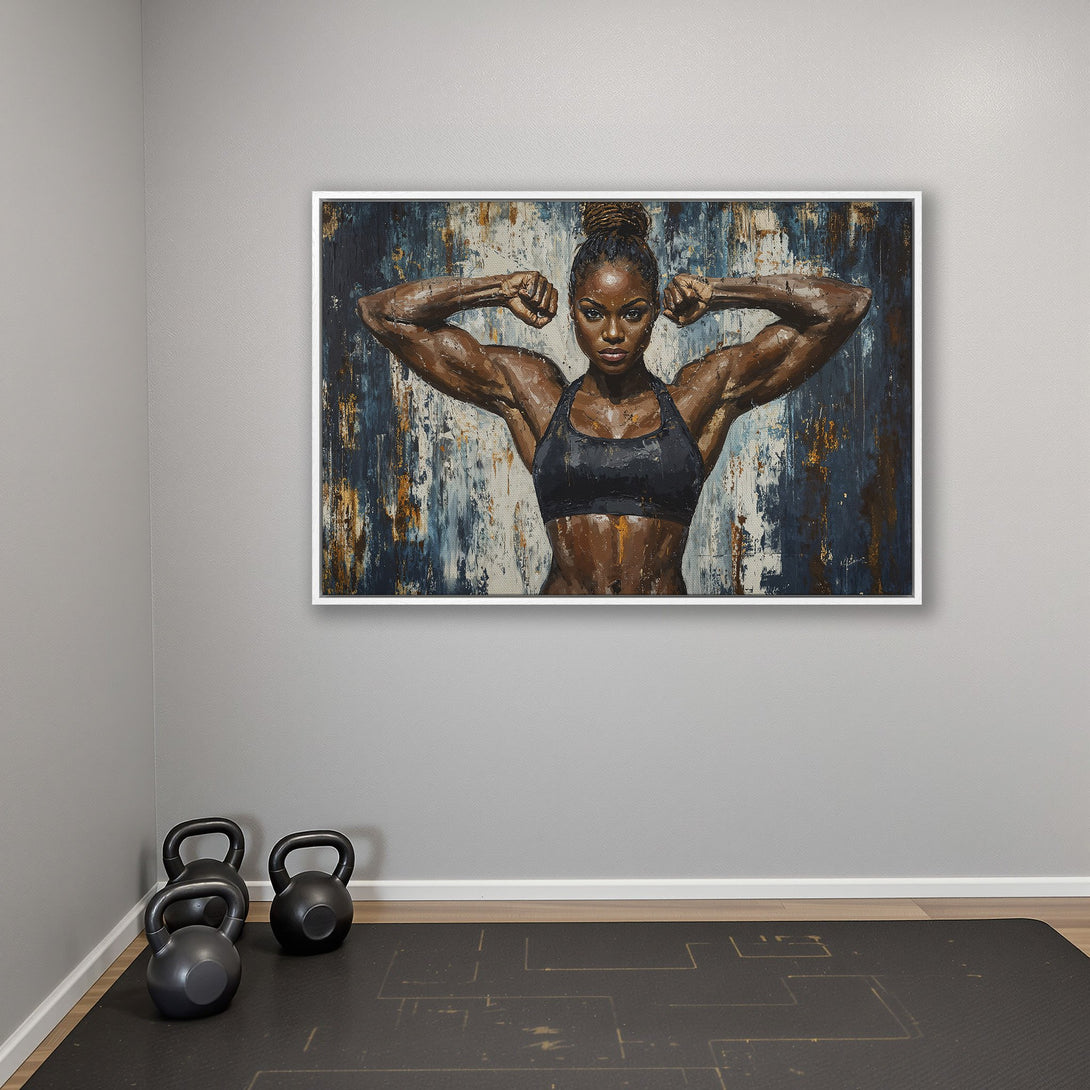 Framed Wall Art: Powerful woman flexing, abstract oil painting style. Features a blue, brown & gold color palette. Perfect for gym or home decor.