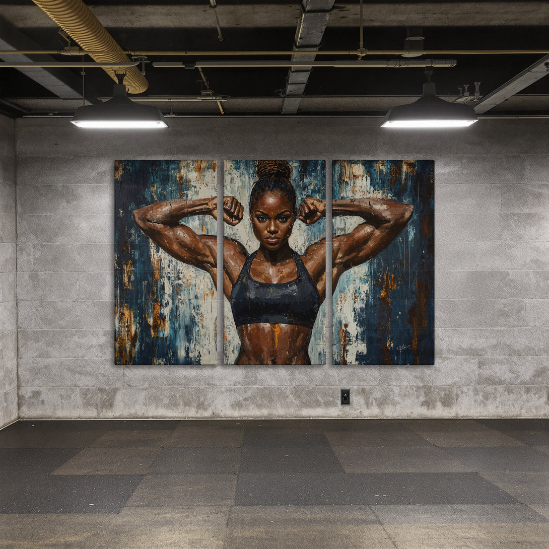 Canvas Print of a powerful woman flexing, abstract style, blue, brown, and white color palette. Perfect for your home gym!