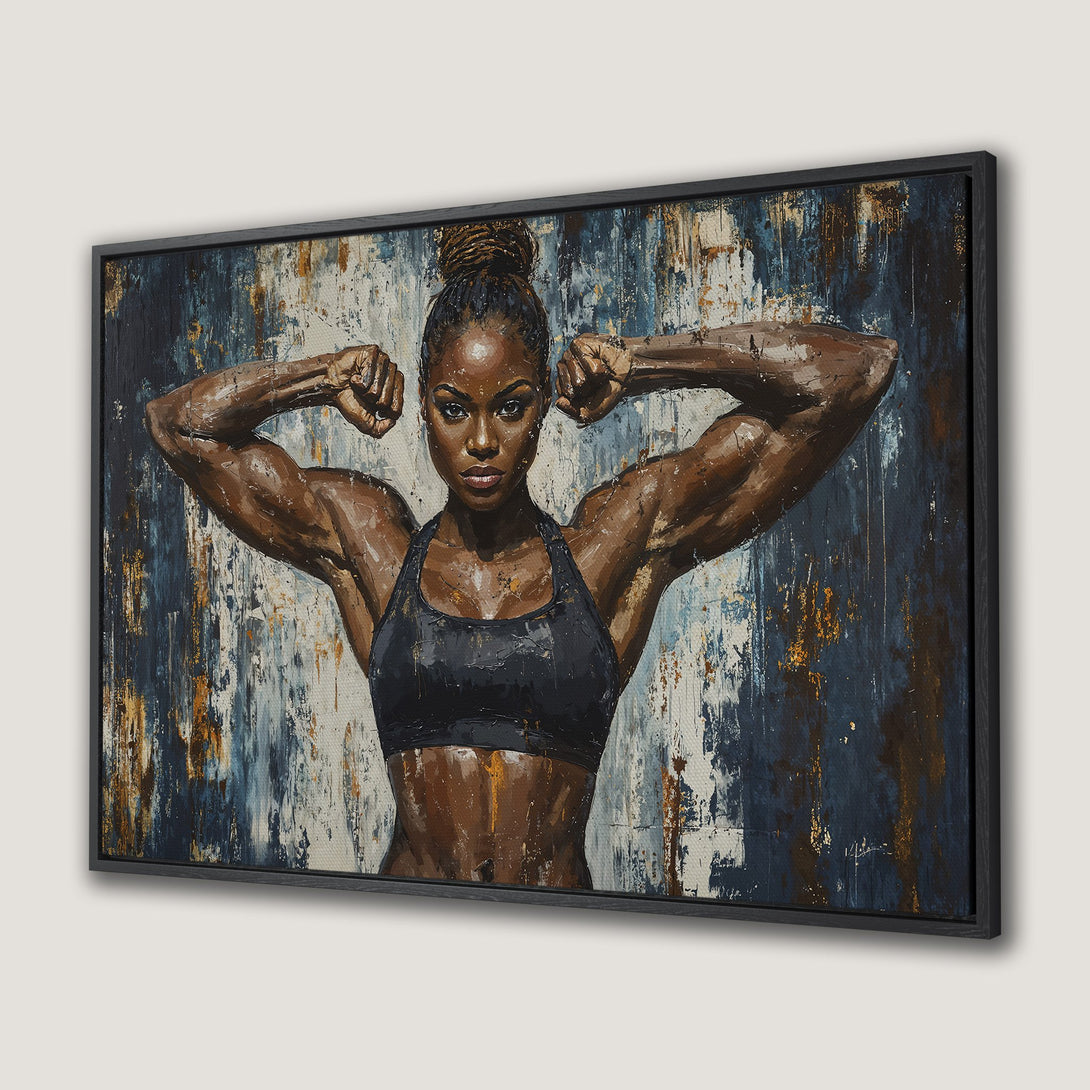 Framed Wall Art of a strong Black woman flexing, in a textured, abstract style. Featuring a blue, brown, and white color palette. Perfect for home decor.