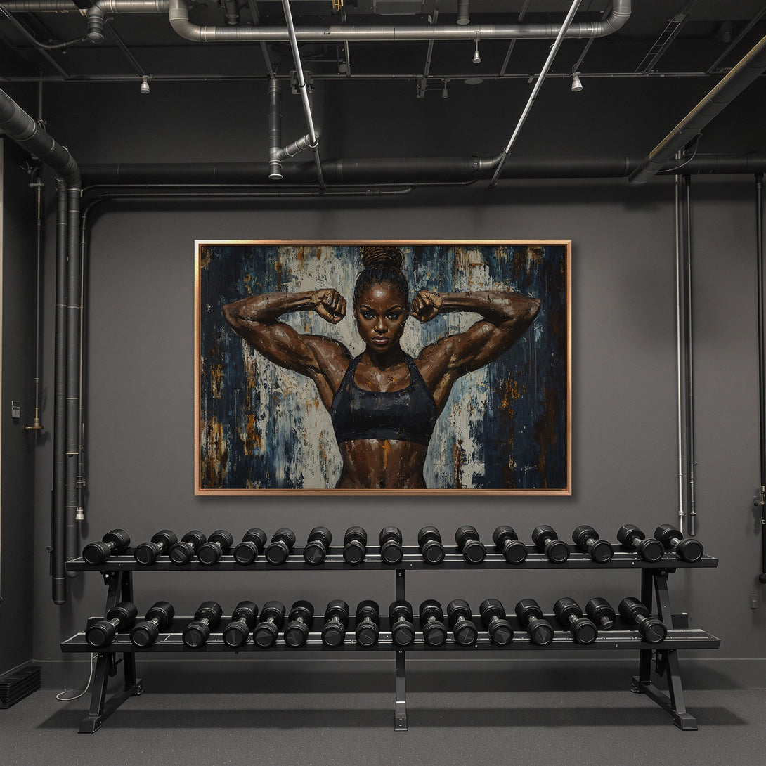 Framed Wall Art: Powerful woman flexing muscles. Abstract painting style with blue, brown, and gold tones. Perfect for gym or modern home decor.