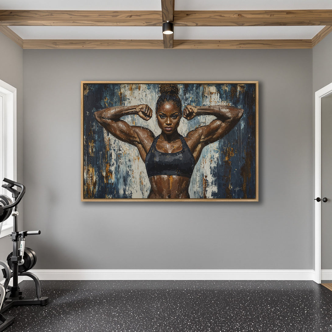 Framed Wall Art: Powerful woman flexing muscles, abstract style, blue & brown tones. Perfect for home gyms and inspiring spaces.