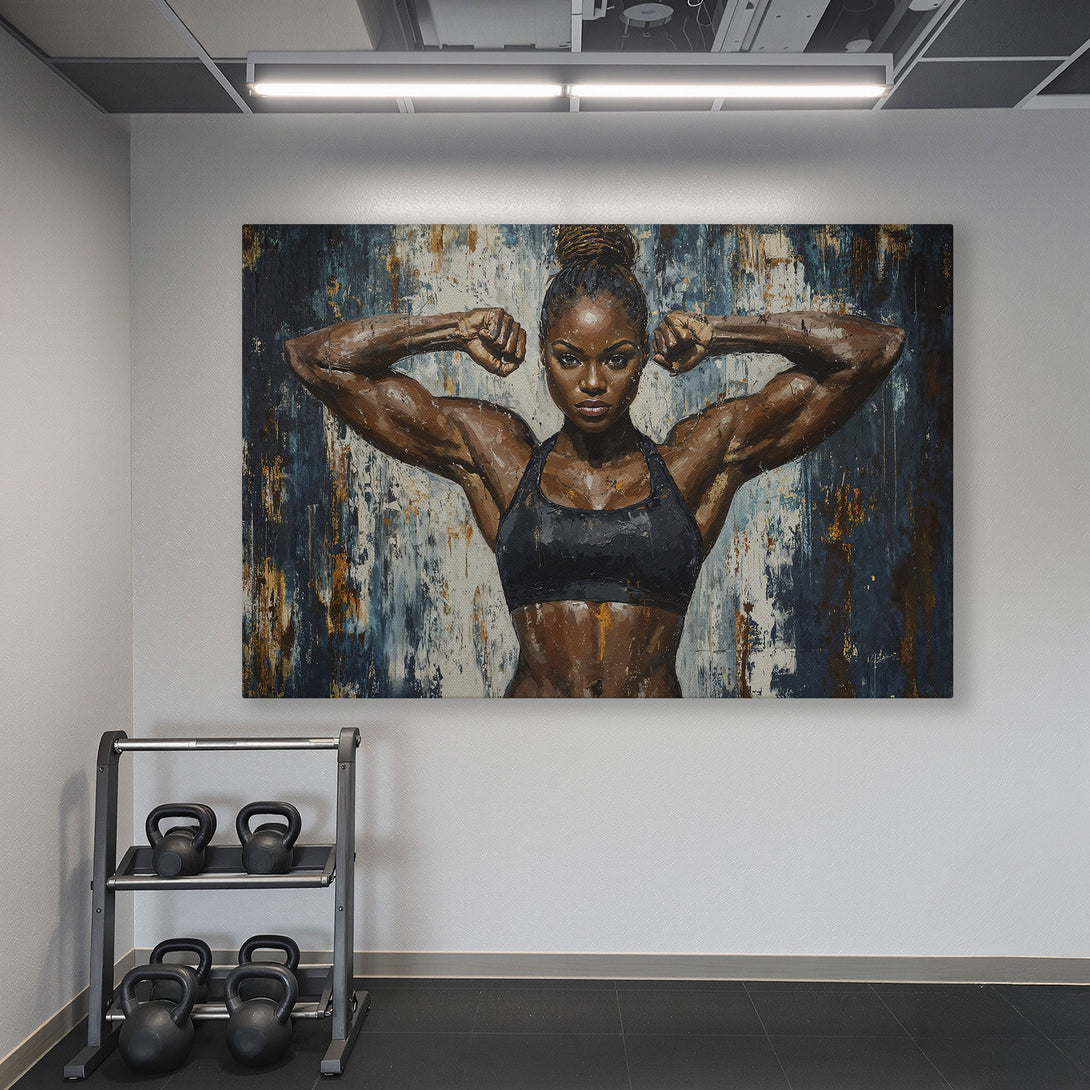 Framed Wall Art of a strong woman flexing. Abstract style with blue, brown, and white tones. Perfect for gym or home decor. Canvas Print available.