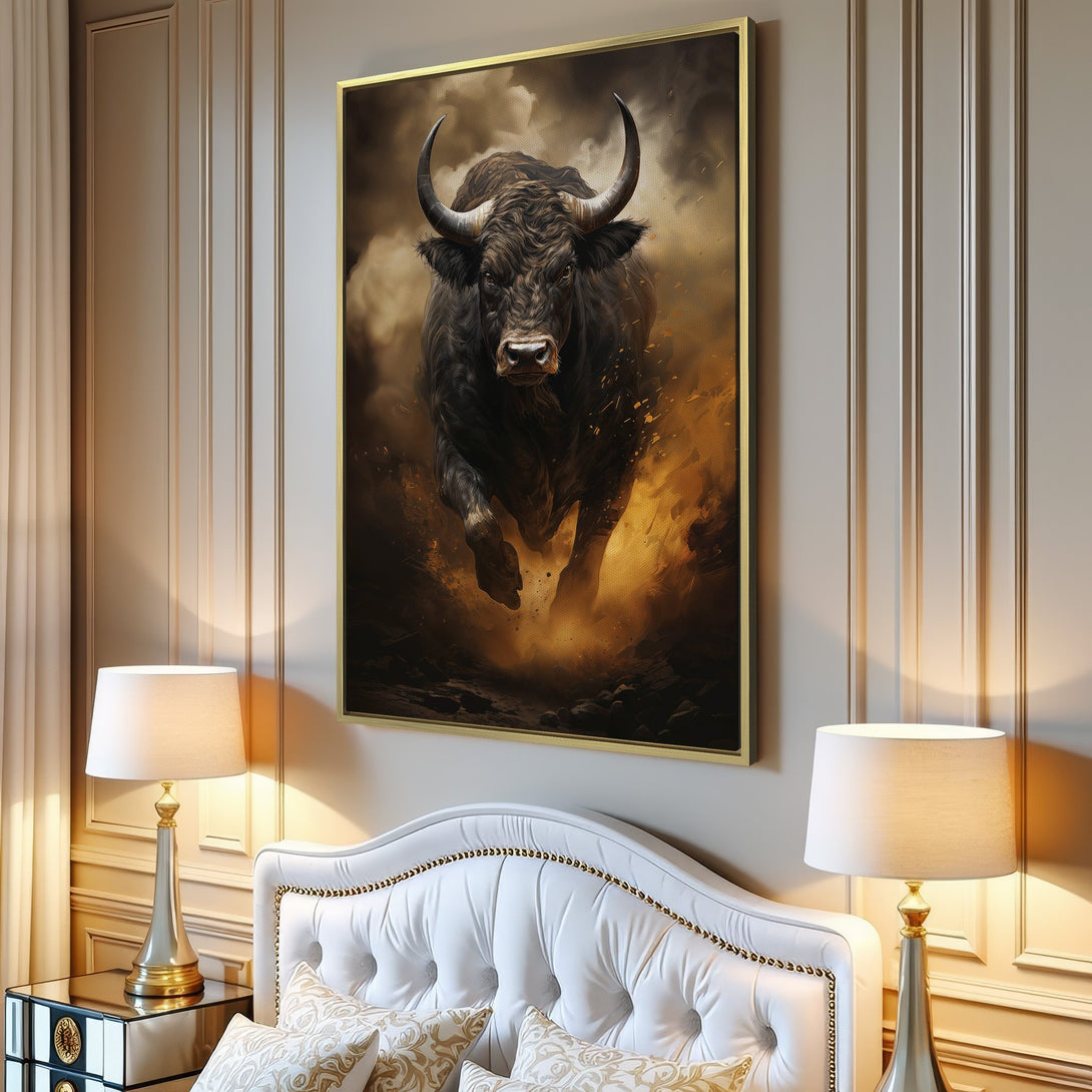 Canvas Print of a powerful bull charging forward, dramatic style with warm orange and black tones. Perfect wall art for any space.