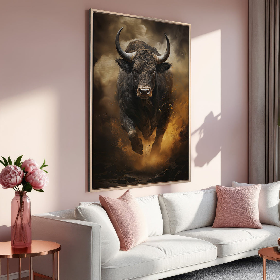 Framed Wall Art: Powerful bull canvas print in a modern interior. Dramatic art with a warm, earthy color palette. Elevate your space today!