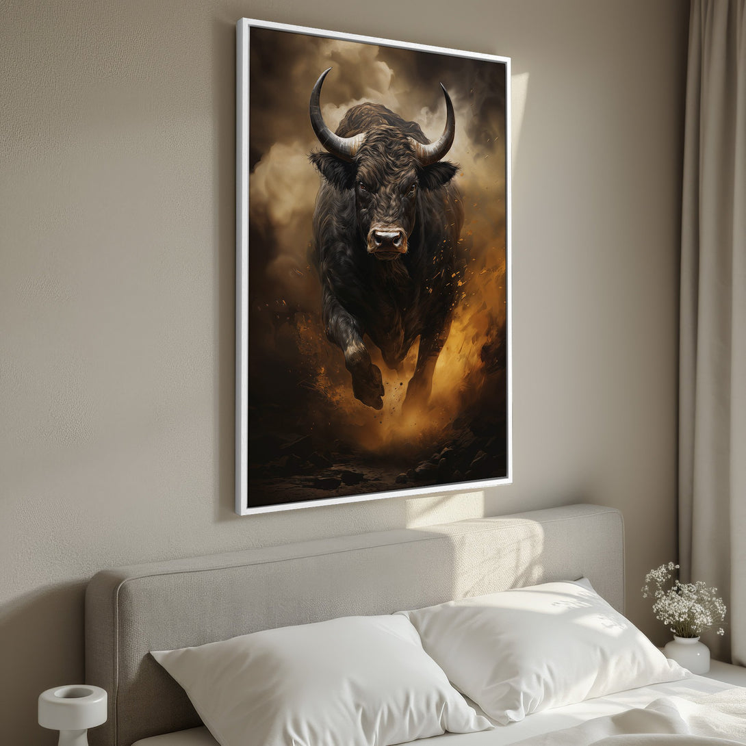 Framed Wall Art: Powerful bull art print in warm, earthy tones. Dramatic, modern style canvas print perfect for bedroom decor.