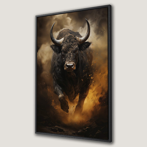 Framed Wall Art: Powerful bull charging forward. Dramatic art style with warm, earthy tones. Perfect statement piece for any space.