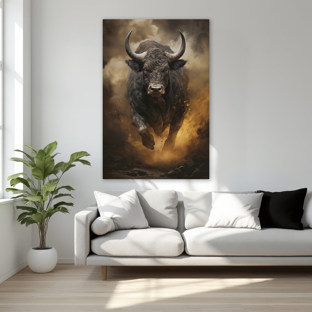 Framed Wall Art: Powerful bull art print in warm gold and black tones. Dramatic animal canvas print perfect for a bedroom or living room.