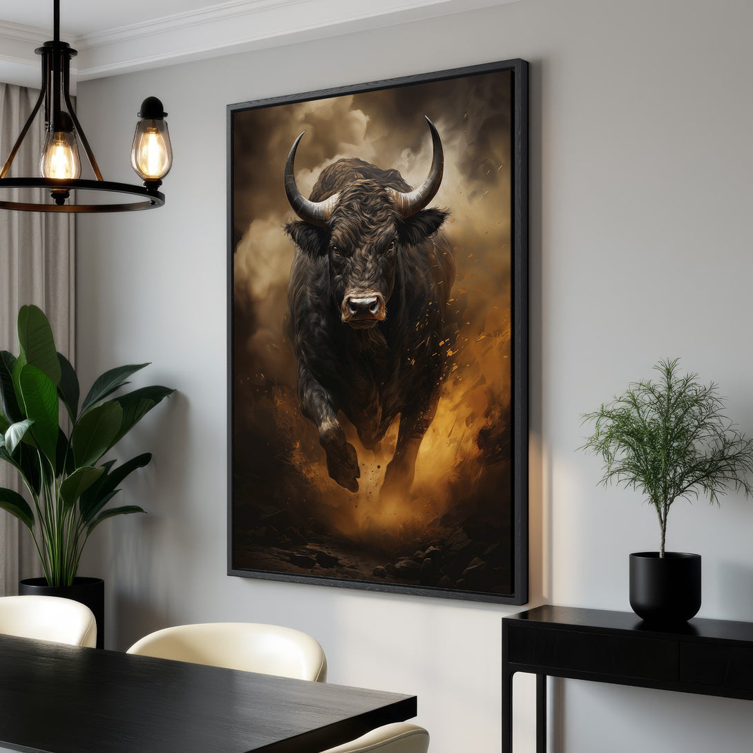 Framed Wall Art featuring a powerful bull in an action pose, rendered in a dramatic, artistic style with a warm, earthy color palette. Perfect decor!