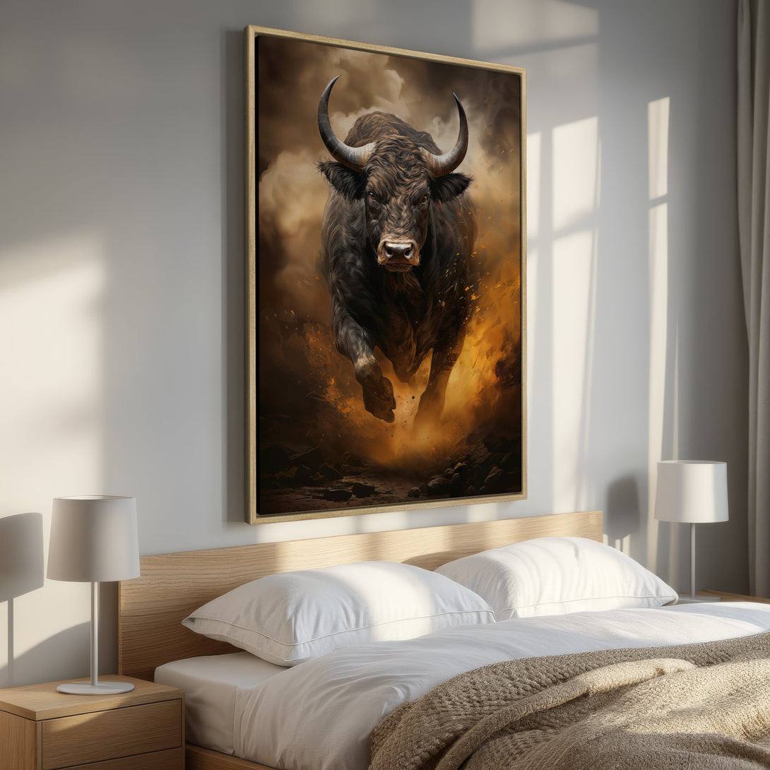 Framed Wall Art: Powerful bull canvas print in warm earth tones. Dramatic artwork for your home decor. Enhance your space with this stunning piece!