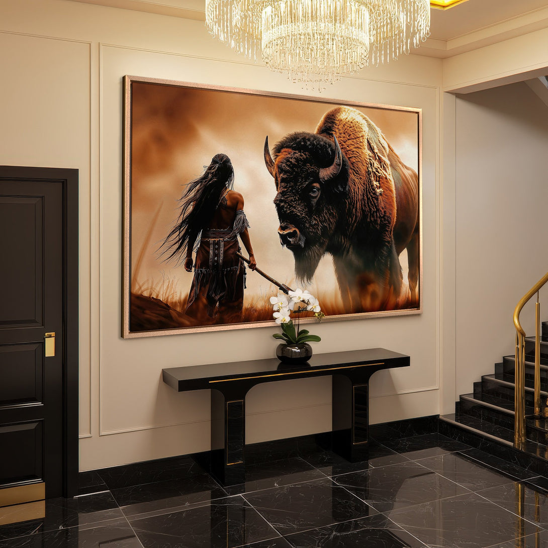 Framed Wall Art: Native American & Bison. Warm earth tones create a striking canvas print. Perfect for rustic & modern home decor.
