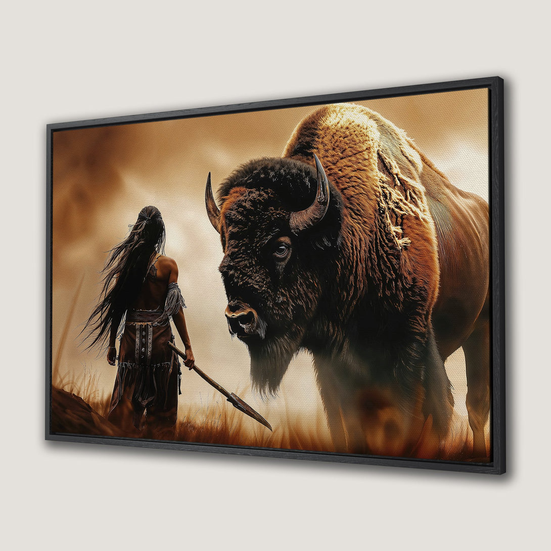 Framed Wall Art: Native American warrior facing a bison, dramatic art in warm earth tones. Perfect for rustic decor.