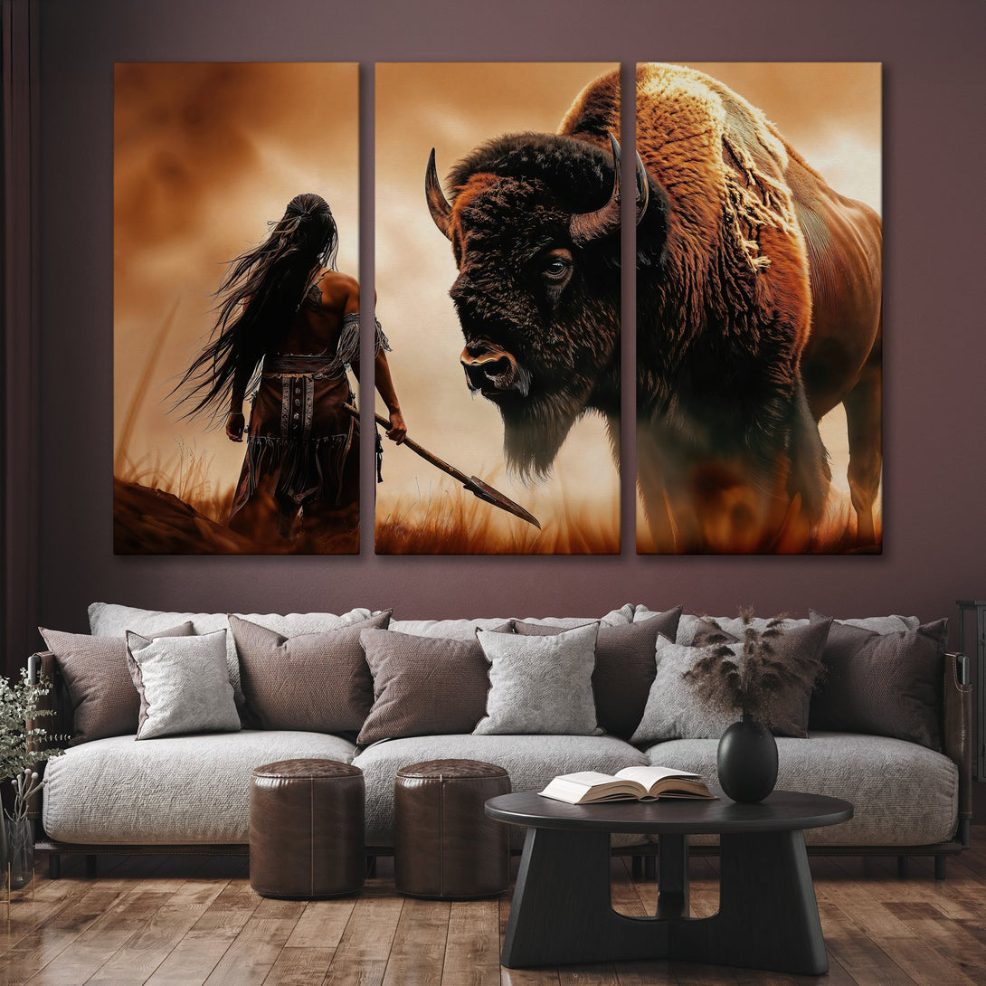 Canvas Print of Native American warrior facing a bison, warm earthy tones. Rustic wall art for a bold statement.