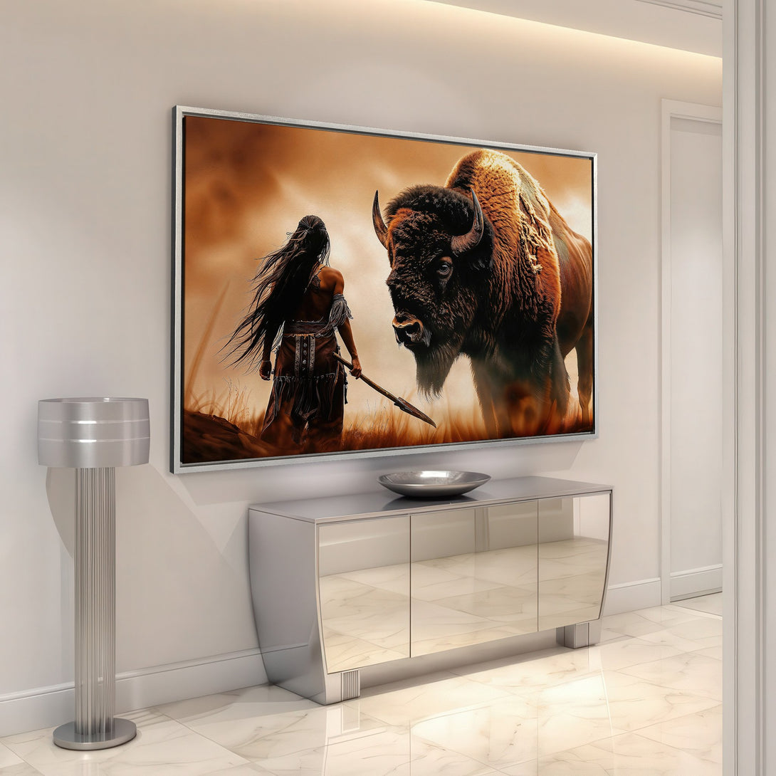 Framed Wall Art: Native American warrior and bison in warm earth tones. Stunning canvas print for a bold statement in any room.