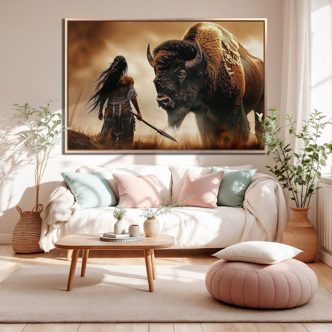 Framed Wall Art: Native American warrior & bison in warm tones. Rustic decor for your living room. Add a touch of nature with this stunning Canvas Print!