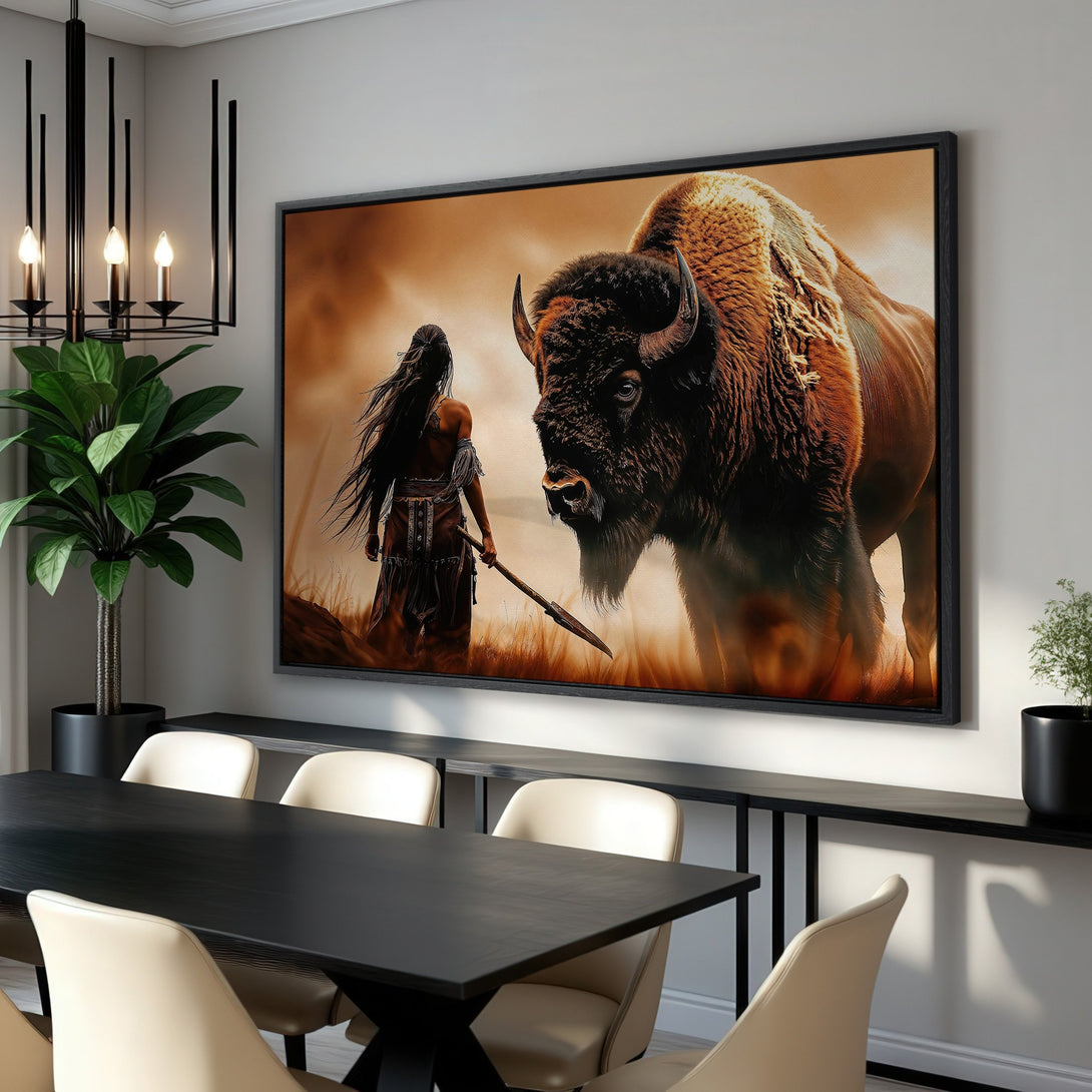 Framed Wall Art: Native American warrior & bison in warm tones. Rustic style Canvas Print adds a bold statement to any room. Shop now!