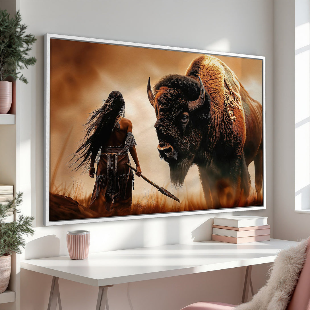 Framed Wall Art: Native American woman and bison in warm tones. Rustic style canvas print perfect for living room or bedroom decor. Shop now!