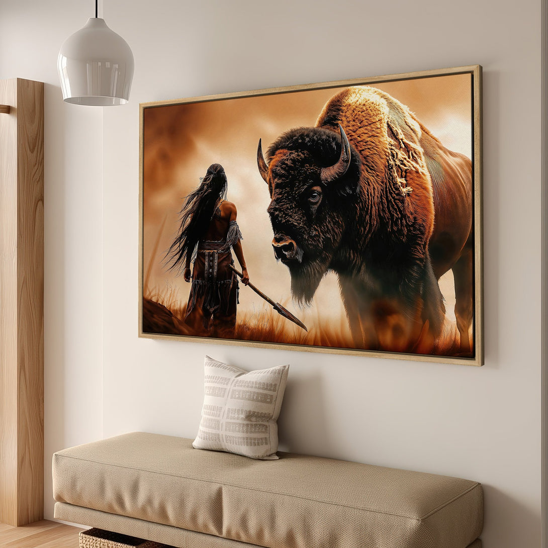 Framed Wall Art featuring Native American warrior and bison. Warm earth-toned canvas print adds a touch of rustic elegance to any space.