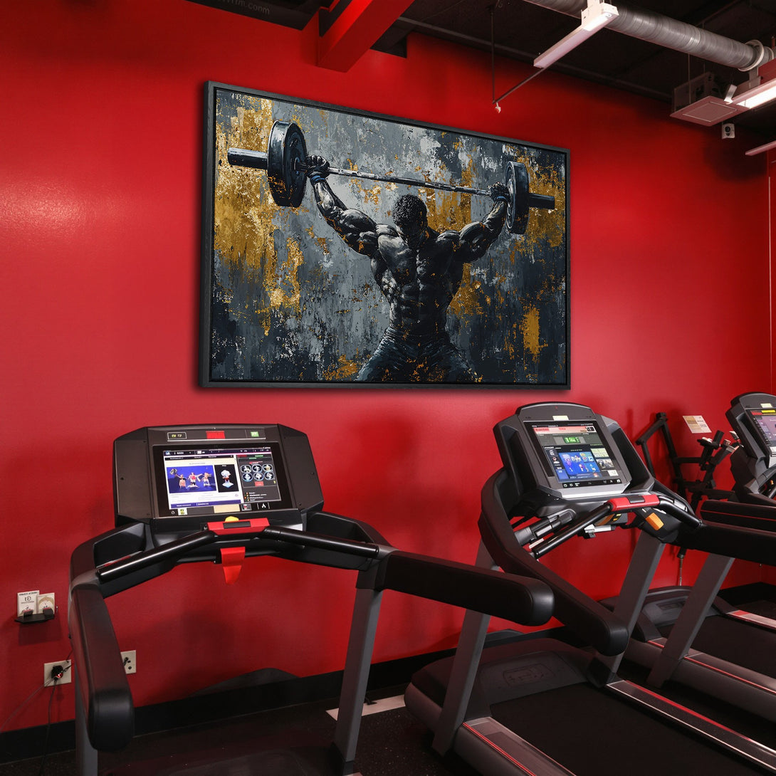 Framed Wall Art: Powerful weightlifter canvas print in a gym setting. Abstract style with black, gold, and red color palette. Elevate your space with fitness art!
