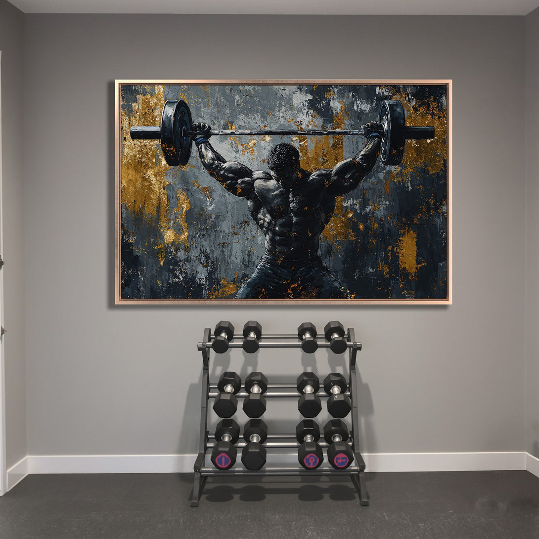Framed Wall Art: Abstract weightlifter canvas print with gold & gray accents. Modern gym decor, perfect for fitness enthusiasts. Shop now!