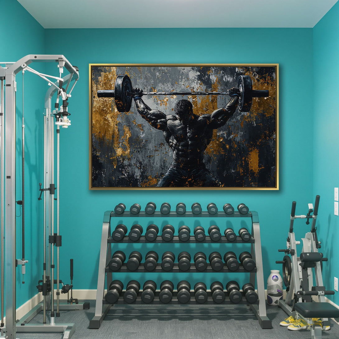 Canvas Print of a weightlifter with a grunge style, featuring a black, gold, and gray color palette. Perfect for gym decor!