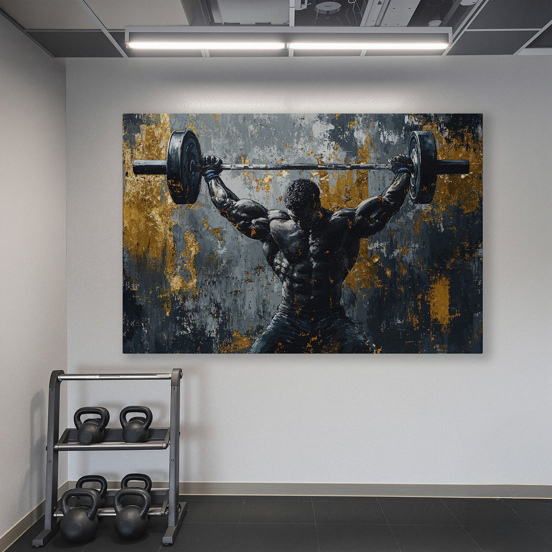 Framed Wall Art: Powerful weightlifter canvas print in a modern gym setting. Abstract style with gold, black, and gray tones. Elevate your space with motivational art!