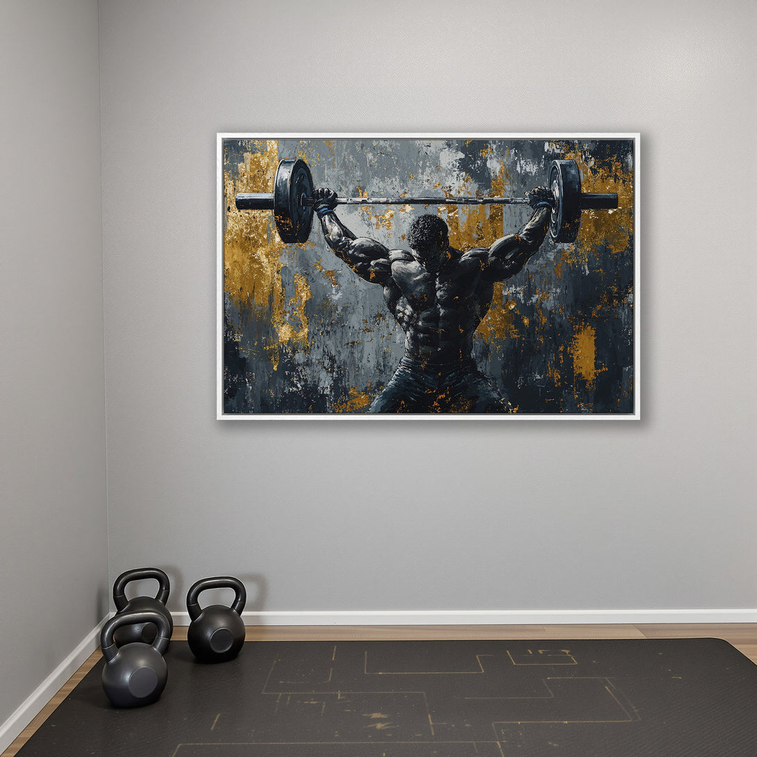Framed Wall Art: Powerful weightlifter canvas print in a gym setting. Abstract art style with gold, gray, and black color palette. Elevate your space!