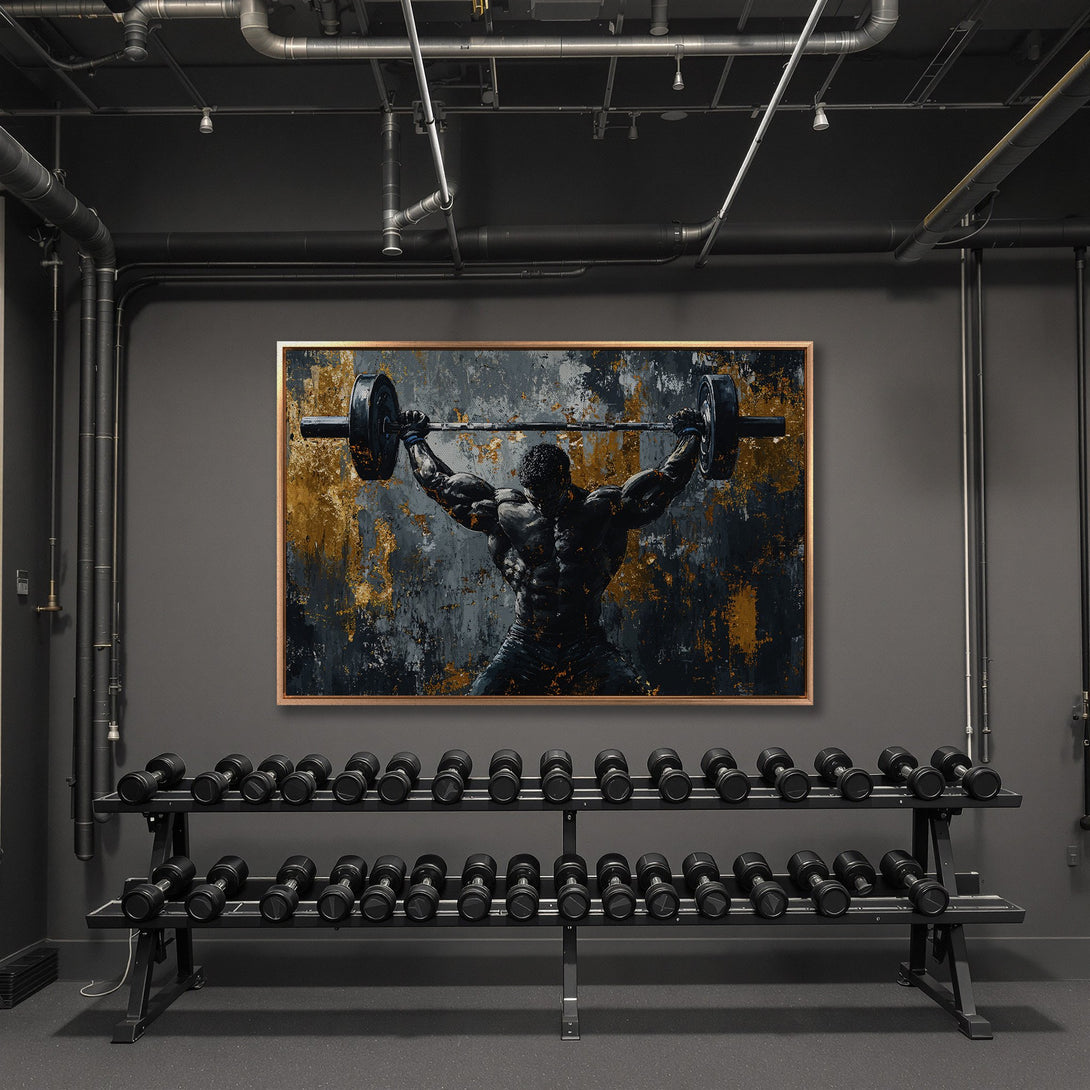 Framed Wall Art featuring a weightlifter with a black and gold abstract design. Perfect gym decor with a modern, industrial style.