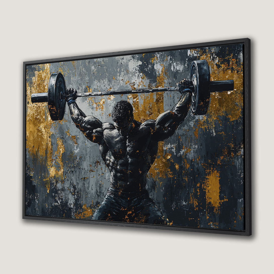 Framed Wall Art: Powerful weightlifter canvas print in a bold, abstract style. Features a dark, moody palette with gold accents, perfect for a modern interior.