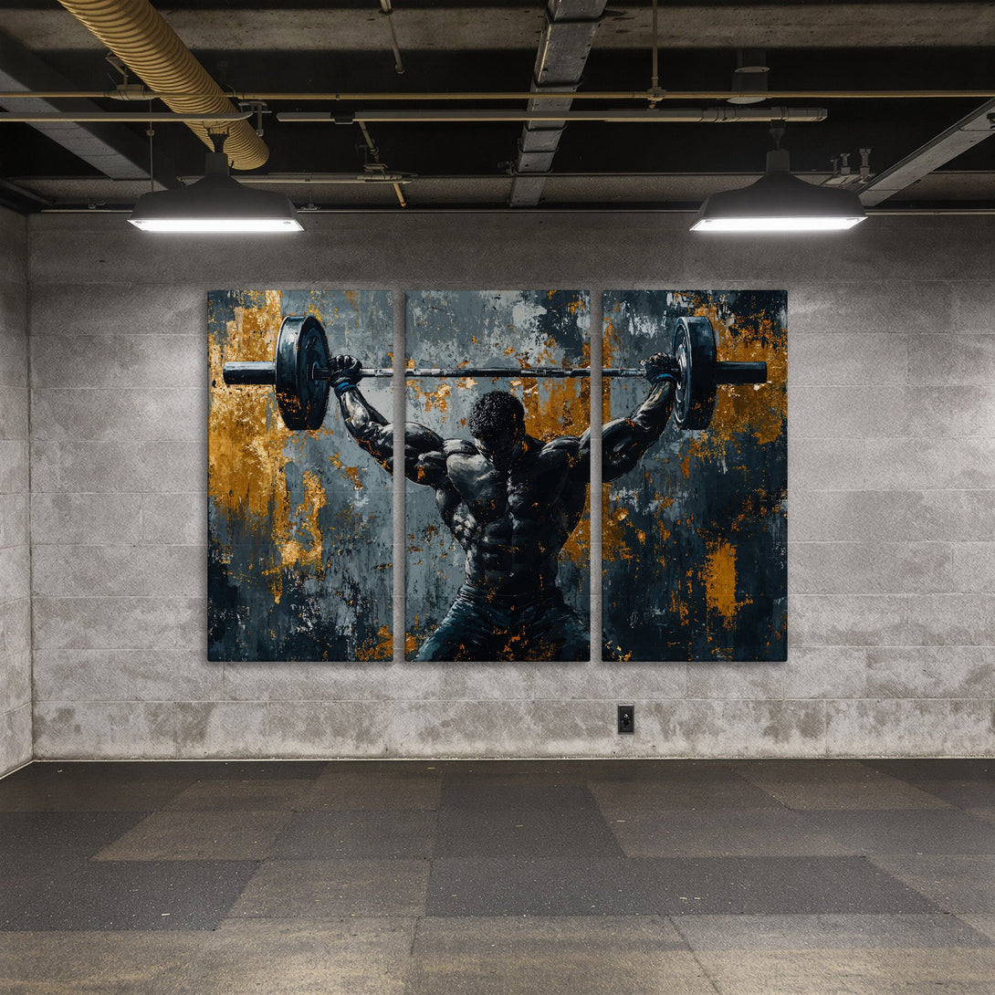 Canvas Print: Abstract art of a weightlifter in a gym. Features a dark, moody color palette with gold accents. Perfect for home gyms!