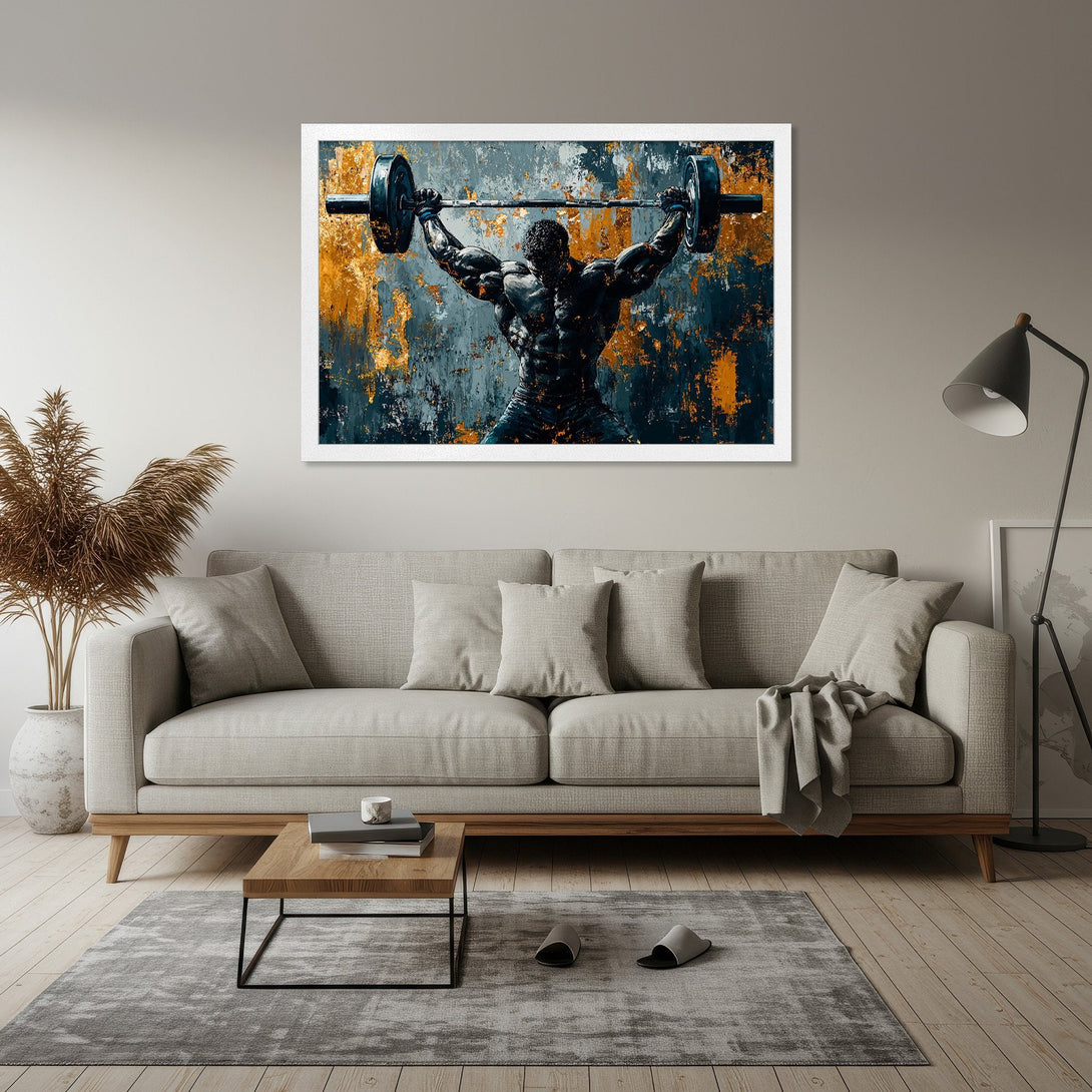 Framed Poster of a weightlifter with a grunge style, featuring a dark blue and gold color palette. Perfect for a home gym!