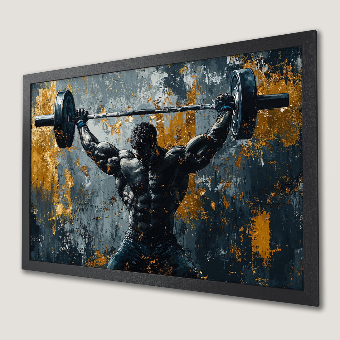 Framed Poster featuring a weightlifter in a dynamic, abstract style with a dark, gold, and gray color palette. Perfect for gym decor!