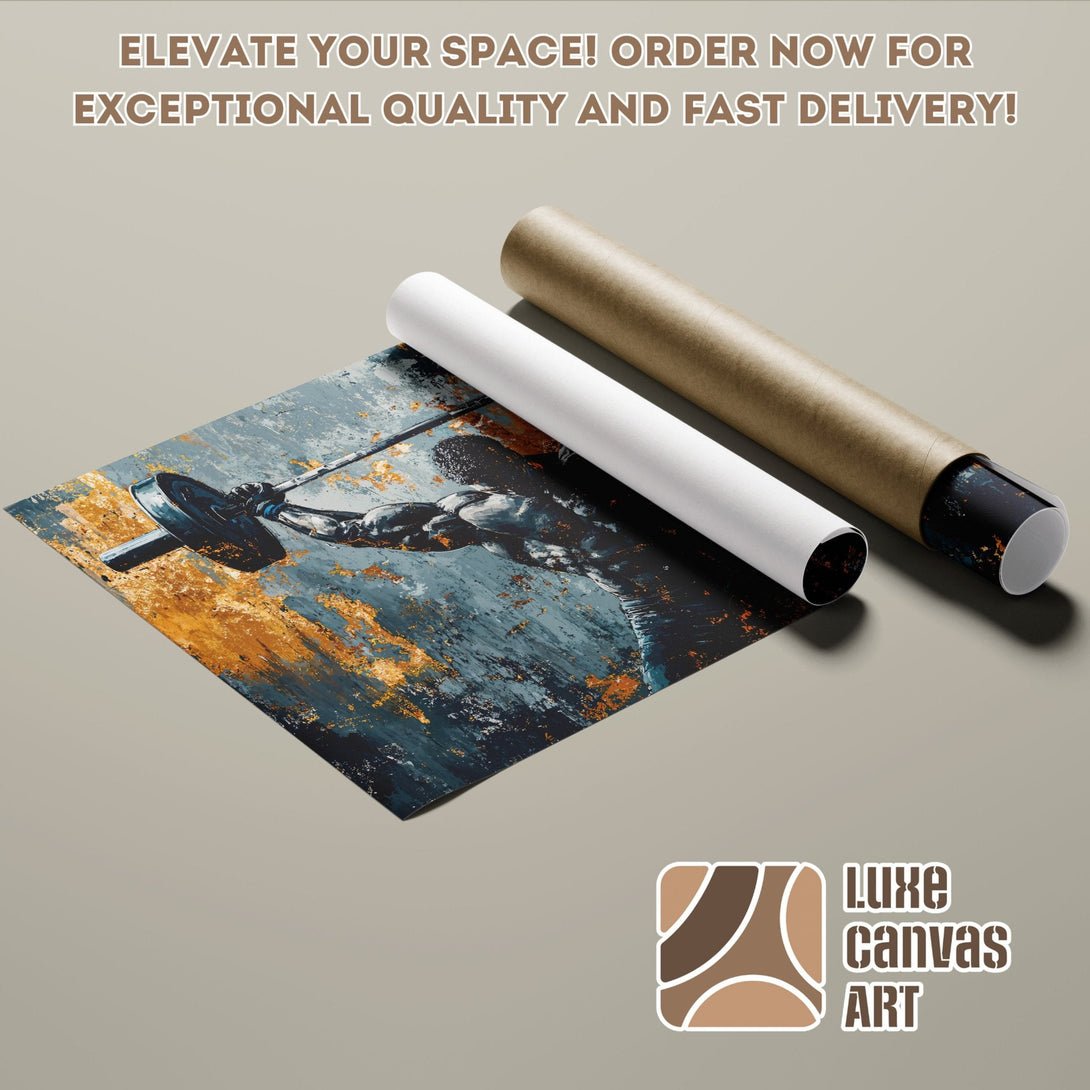 Abstract fitness Poster Roll with blue, gold, and gray color palette. Elevate your space! Order now!