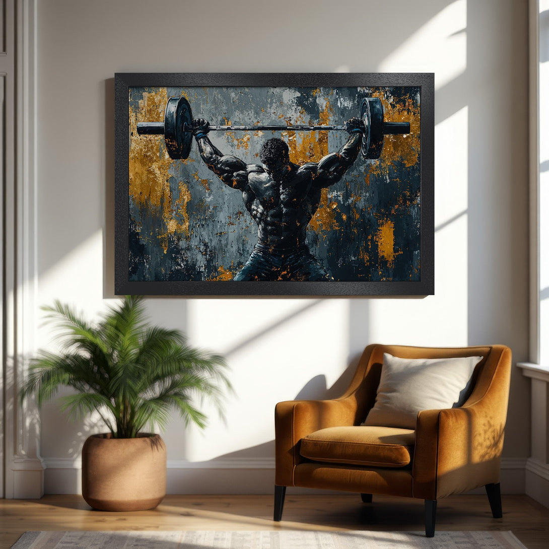 Framed Poster of a weightlifter in abstract style. Features a dark, gold, and gray color palette. Perfect for gym decor!