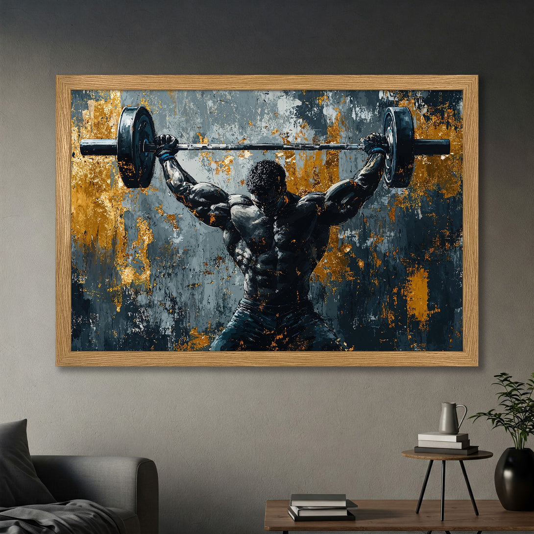 Framed Poster: Abstract art of a weightlifter, dark blues, gray, and gold color palette. Perfect for gym or home decor.