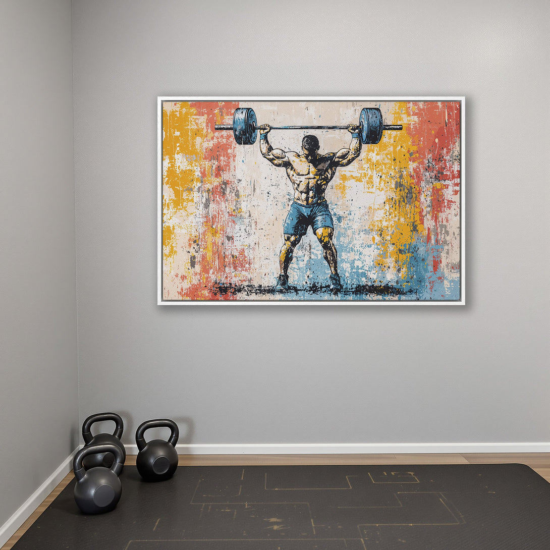 Framed Wall Art: Abstract weightlifter canvas print in vibrant colors. Perfect gym decor. Modern art with blue, yellow, and red accents.