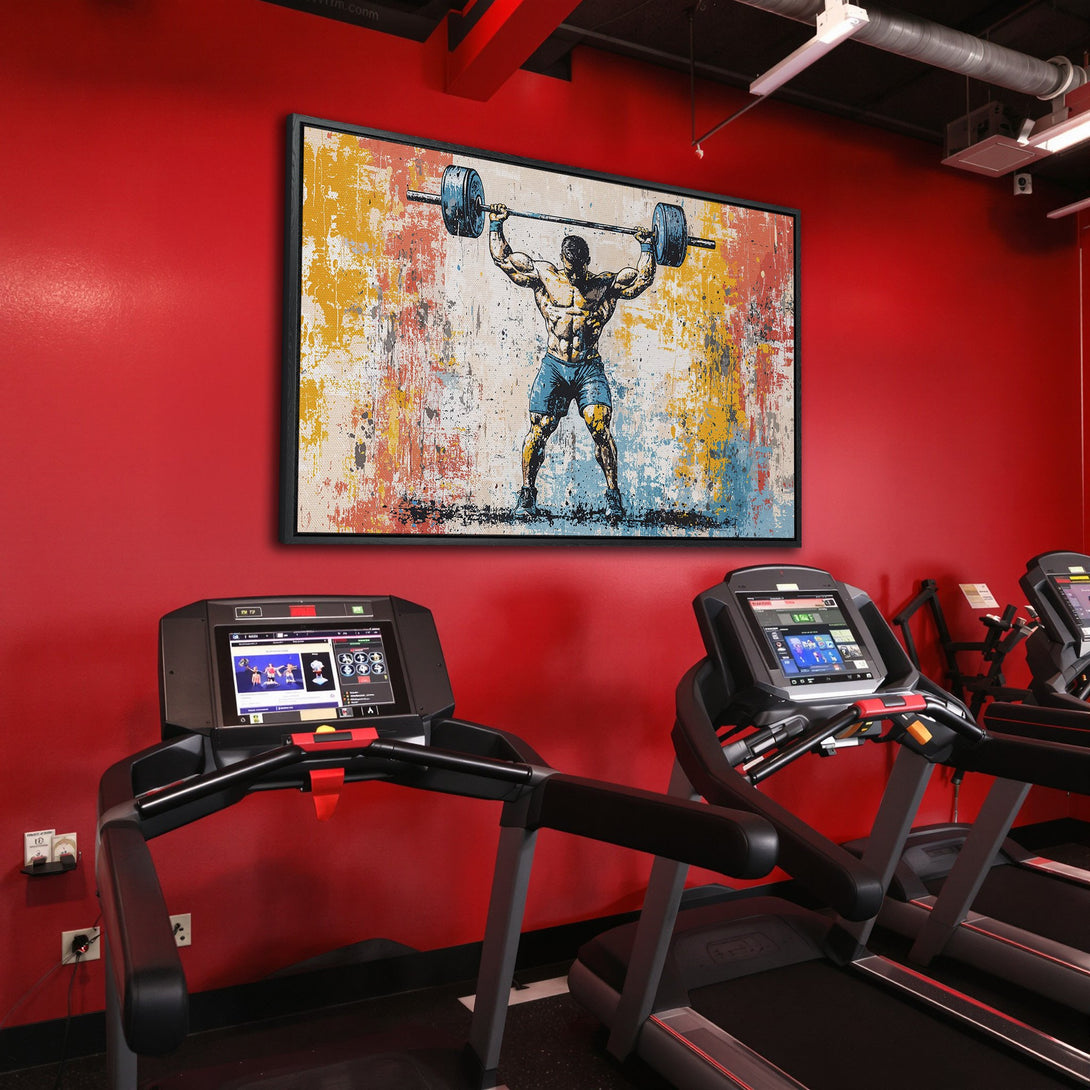 Framed Wall Art: Abstract weightlifter art in a gym setting. Colorful canvas print with a bold red, yellow, and blue palette, perfect for a fitness space.