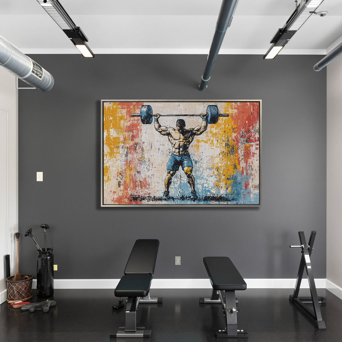 Framed Wall Art: Abstract weightlifter canvas print with vibrant orange, blue, and yellow colors. Perfect gym decor!