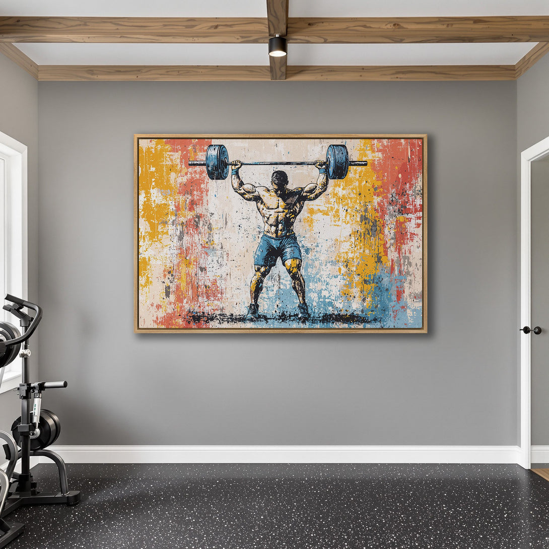 Framed Wall Art: Abstract weightlifter canvas print with bold colors. Perfect gym decor! Modern art with a vibrant yellow, blue, and red palette.